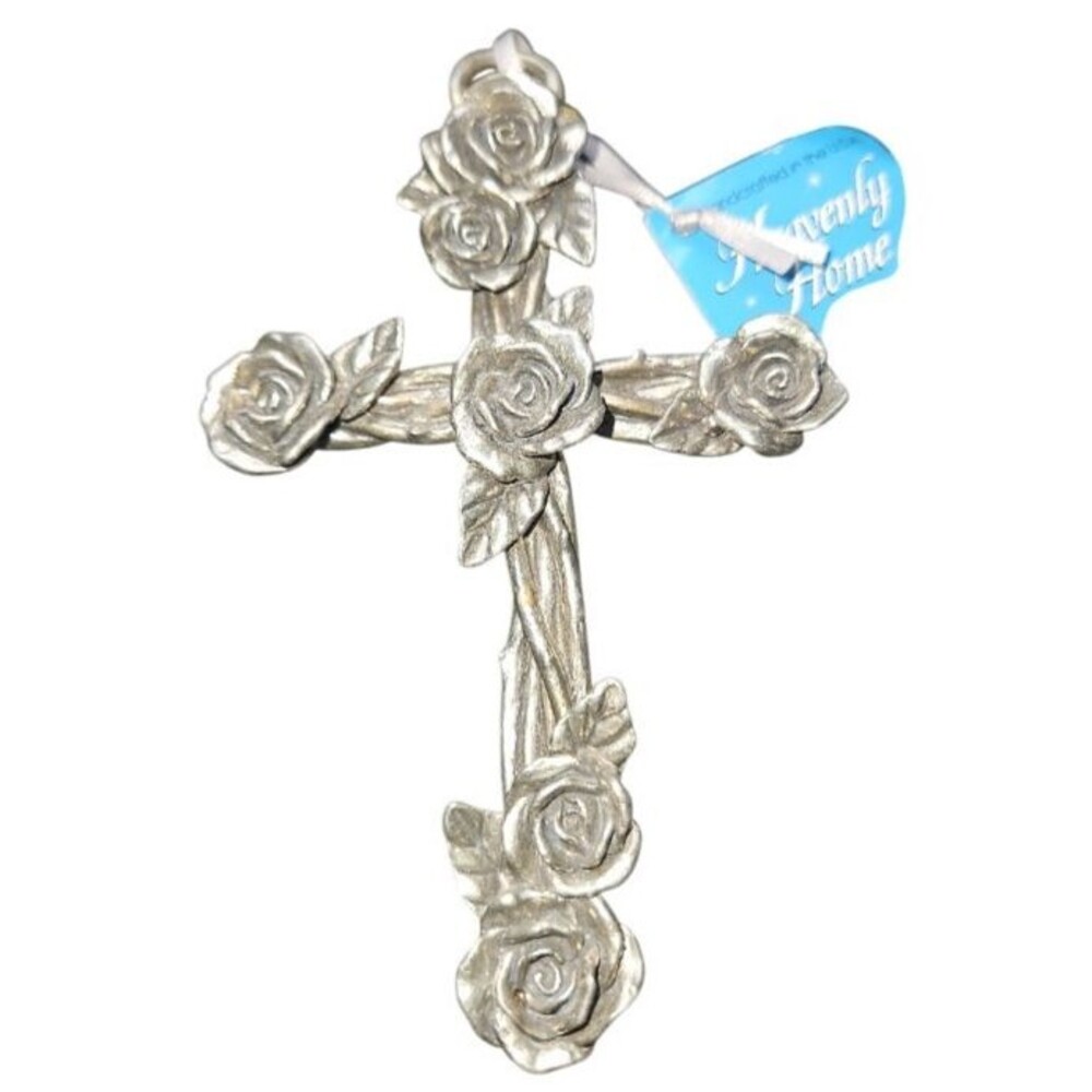 Vintage Style Silver Tone Rose Floral Cross Religious Christian Wall Decor